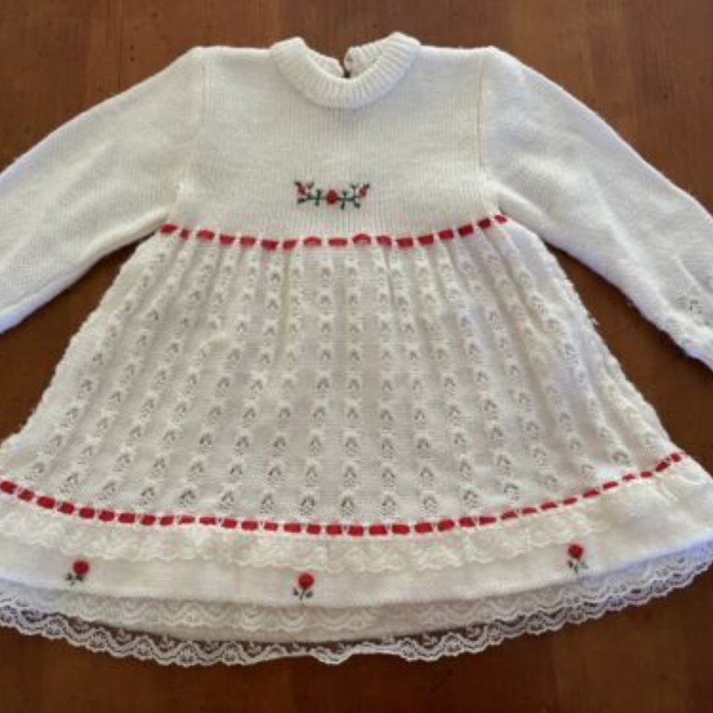 Vintage Embroidered Rose Knit Dress Mine Alone Long Sleeve Ribbon Lace Trim 18M